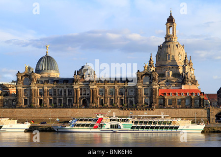 Elbe River to the Bruehl‘s Terrace with academy of arts, the dome of the Frauenkirche church Dresden, Saxony, Germany Stock Photo