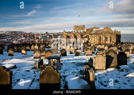 St Mary's Church Whitby in a covering of winter snow Stock Photo