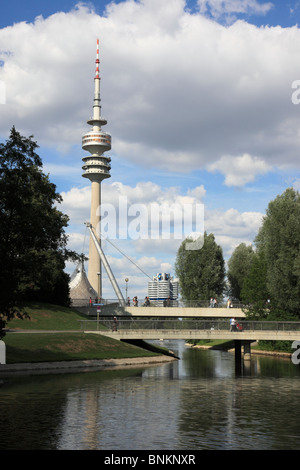 Olympic Park, Lake and Television Tower, Munich, Bavaria, Germany, Europe. Photo by Willy Matheisl Stock Photo