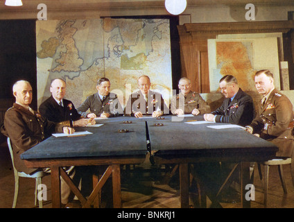 ALLIED COMMANDERS AT SHAEF HQ, London, in May 1944 to finalise details for Operation Overlord - the invasion of France in June. From left: General Omar Bradley, Commander of US land forces, Admiral Bertram Ramsay, Naval Commander; Air Chief Marshall Arthur Tedder, deputy Supreme Commander, General Dwight D Eisenhower, Supreme Commander, Field Marshal Bernard Montgomery, Commander all Land Forces, Air Chief Marshal Leigh-Mallory, Air Forces Commander in Chief, General Bedell Smith, Chief of the General Staff  Edit Stock Photo