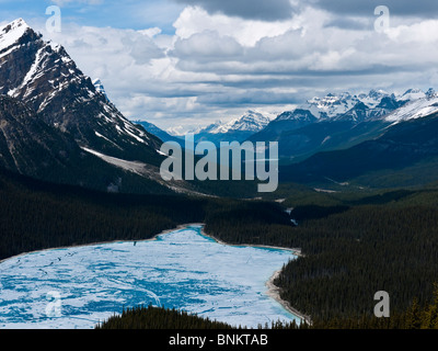 Partially frozen Peyto Lake named after Bill Peyto viewed from Bow Summit Icefields Parkway Banff National Park Canada Stock Photo