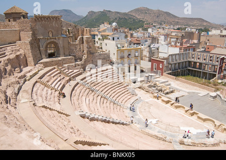 The Roman Theatre of Carthago Nova and Cathedral ruins of Cartagena in the region of Murcia, South Eastern Spain Stock Photo