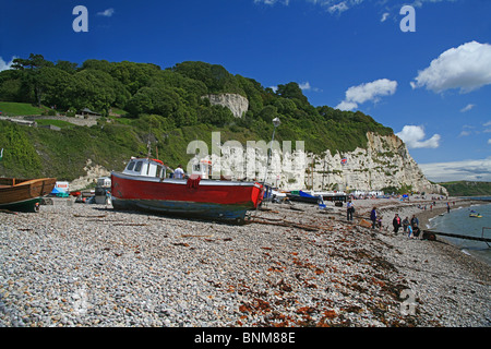 Fishing boat hauled up on the beach at Beer, Devon, England, UK Stock Photo