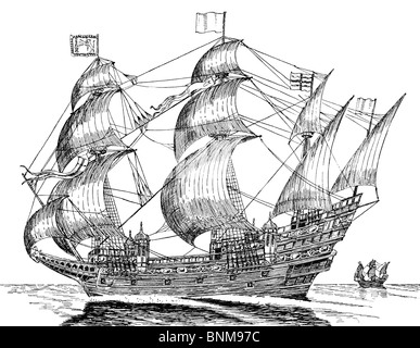 Black and White Illustration of the Elizabethan Galleon HMS Ark Royal ...