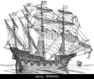 Black and White Illustration of an Elizabethan Galleon; 16th Century ...