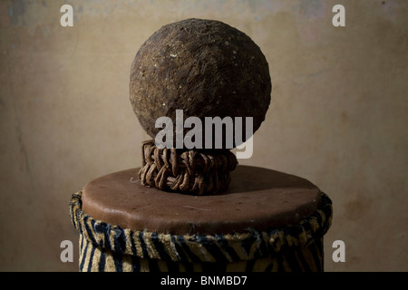 A ball is displayed before a Mayan Ball Game match, known as Pok Ta Pok, in Chapab, Yucatan Peninsula, Mexico, June 13, 2009. Stock Photo