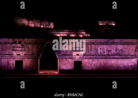 Mayan ruins of Uxmal, during a theatric lighting show, in the Yucatan peninsula, Mexico, June 12, 2009. Stock Photo