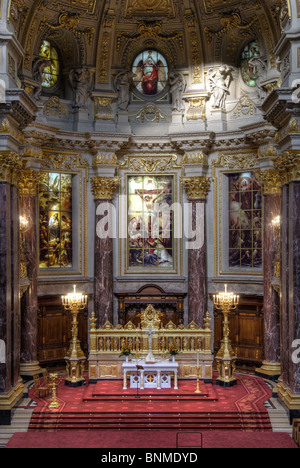 Berliner Dom. Berlin Cathedral. Interior, view on altar, view from the gallery, Mitte district, Berlin, Germany, Europe. Stock Photo