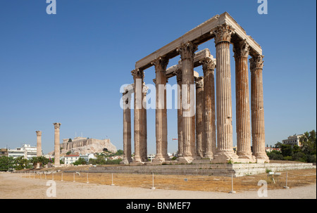 The Temple of Olympian Zeus in Athens with the acropolis visible in the background. View from the southeast. Stock Photo