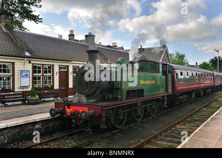 Steam engine / locomotive at the Boat of Garten railway station, Scotland, UK Stock Photo