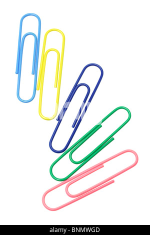 Five multicolor paper clips on white background Stock Photo