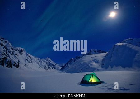 Aurora Over Lit Tent & Skookum Glacier KP Alaska Stock Photo
