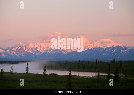 Mt. Mckinley reflected in  small Lake at sunrise in Broad Pass, Alaska Range, Denali National Park, Alaska Stock Photo