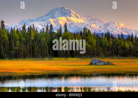 Scenic view of Mt. McKinley at sunset as seen from south of the Denali National Park Alaska Summer, HDR image Stock Photo