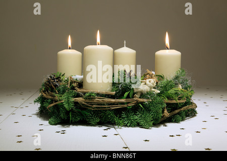 3 4 Advent Advent wreath Advent time Deko decoration adornment angel flame flames wood wooden boards candle candles Stock Photo