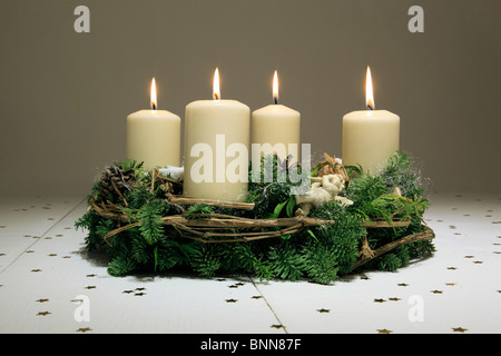 4 Advent Advent wreath Advent time Deko decoration adornment angel flame flames wood wooden boards candle candles candle-light Stock Photo
