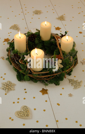 4 Advent Advent wreath Advent time Deko decoration adornment angel flame flames wood wooden boards candle candles candle-light Stock Photo