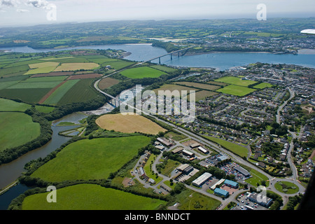 Aerial view of marina Neyland waterways & Cleddau bridge estuary Pembrokeshire seascape National Coast Wales UK. 053918 Aerial Stock Photo