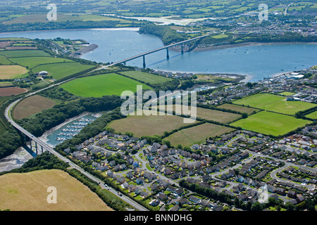 Aerial view of Pembroke Dock Neyland waterways & Cleddau bridge Pembrokeshire, panoramic seascape National Park, Coast Wales UK. 053916 Aerial Stock Photo