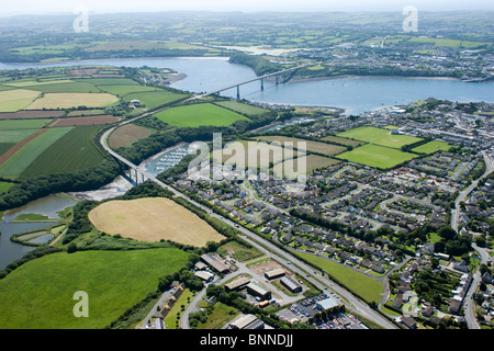Aerial view of marina Neyland waterways & Cleddau bridge estuary Pembrokeshire seascape National Coast Wales UK. 053917 Aerial Stock Photo
