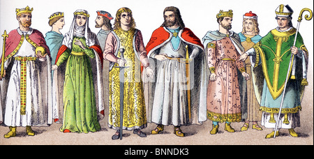 Germans in 1100s: Barbarossa (1190), princess, consort of Henry the Lion, three noblemen, a king, a nobleman, and a bishop. Stock Photo