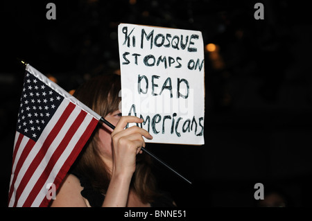 A demonstrator at a Community Board meeting on July 27, 2010 in Manhattan protesting the building of a mosque near Ground Zero. Stock Photo