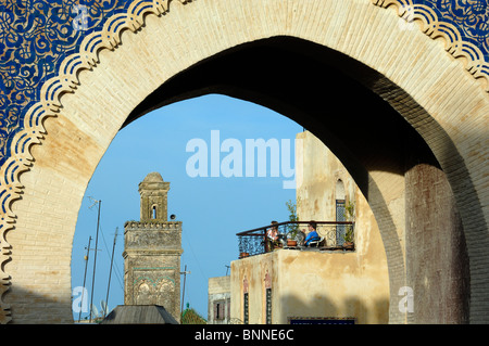 Main Bab Bou Jeloud City Gate, Gateway or Entrance to Medina & Minaret of Bou Inania Medersa & Mosque, Fez, Morocco Stock Photo