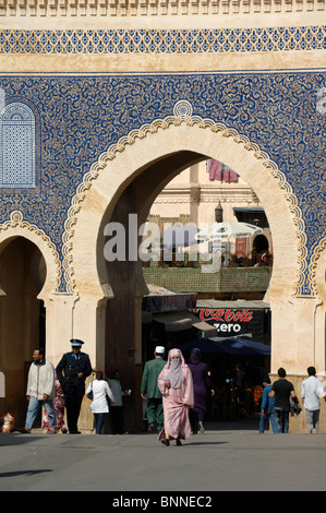 Oriental Arch, Moorish Arch or Horseshoe Arch or Main Bab Bou Jeloud Gate, Gateway, Door or Entrance to the Medina or Old Town, Fez, Morooco Stock Photo