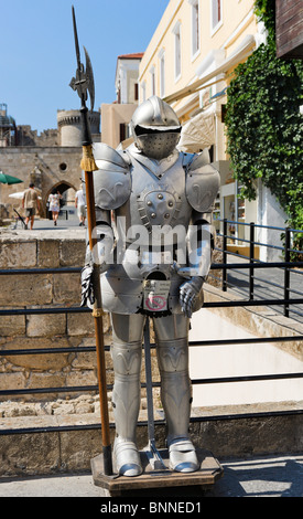 Suit of armour outside a shop in the Old Town, Rhodes Town, Rhodes, Greece Stock Photo