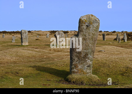 The ' hurlers ' ancient standing stones at minions on bodmin moor in cornwall, uk Stock Photo