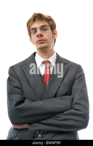 Young adult in suit with arms crossed isolated on white Stock Photo