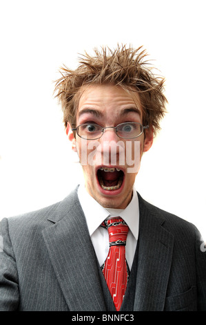 Frustrated bsuinessman in suit screaming isolated on white background Stock Photo