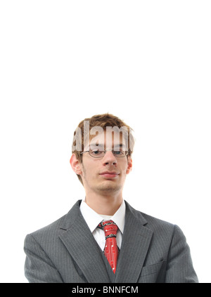 Confident Young Businessman Smiling isolated on white background with copyspace above his head. Stock Photo