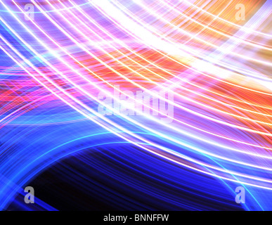 Abstract background of glowing stripes of streaks of light bands in a form of several lines on black background. Long Exposure. Stock Photo