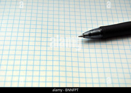 Blank grid paper with pen resting on top. Copy space on the left Stock Photo