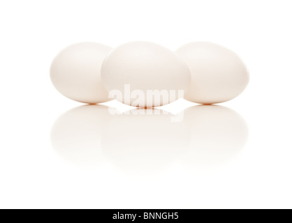 Three White Eggs Isolated on a White Reflective Background. Stock Photo
