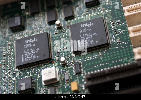 Two Intel PCI CPU controllers on a Dell computer system board Stock Photo