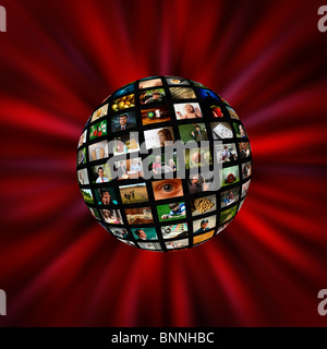A sphere of pictures or video screens in a red vortex Stock Photo