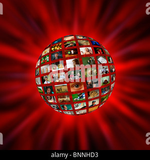 A sphere of pictures or video screens in a red vortex Stock Photo