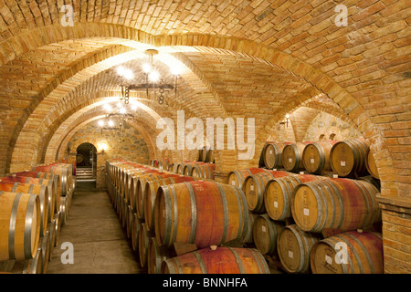 Wine aging in barrels in cellar. Castello di Amerorosa. Napa Valley, California. Property released Stock Photo