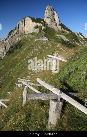 Switzerland swiss scenery wood construction building avalanches protection arrangement enclosure Alpstein mountains walking Stock Photo
