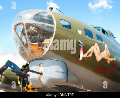 Nose of the famous airworthy Boeing B-17 Flying Fortress 'Sally B', pictured at her base at Duxford, England Stock Photo