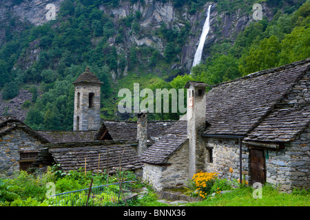 Foroglio Switzerland canton Ticino Bavonatal village houses homes stone houses garden church waterfall Stock Photo