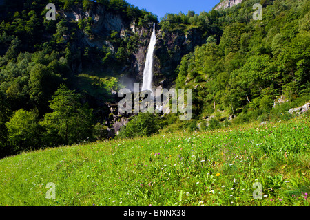 Foroglio Switzerland canton Ticino Bavonatal waterfall meadow trees Stock Photo