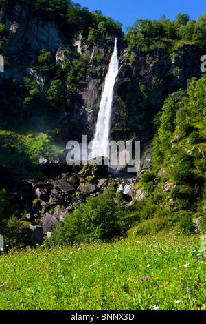 Foroglio Switzerland canton Ticino Bavonatal waterfall meadow trees Stock Photo