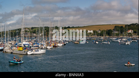 A panoramic view of sailing boats moored in Falmouth Harbour in Cornwall. Stock Photo