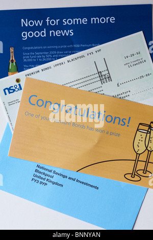 Premium Bonds winnings - cheque for £25 cheers from NS&I Stock Photo