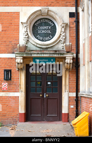 porthole window with lettering above entrance of at the former twickenham county school for girls, middlesex, england Stock Photo