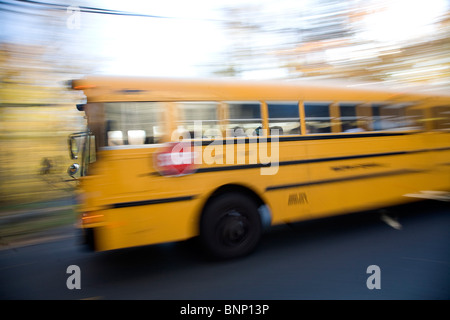 Yellow school bus passing by, New England, USA Stock Photo
