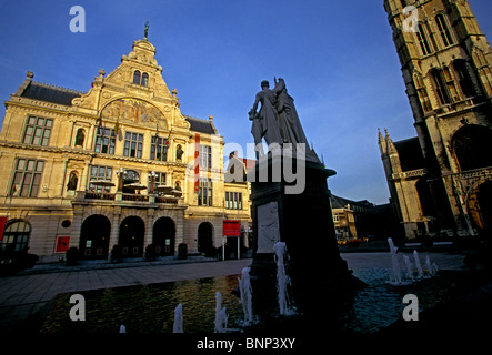 Schouwburg Theatre, left, Saint Bavo Cathedral, right, city of Ghent, Ghent, East Flanders, East Flanders Province, Belgium, Europe Stock Photo